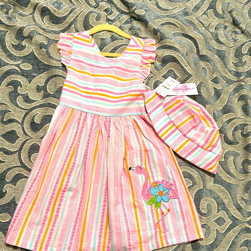 Rare Editions Seersucker Dress with Flamingo Appliqué and matching hat